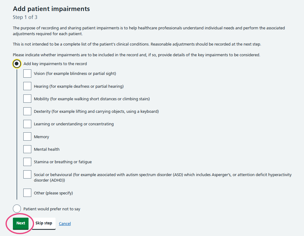 Screenshot of Reasonable adjustment flag showing how to select more than one impairment if appropriate and relevant and supporting text can be added for each selected impairment..