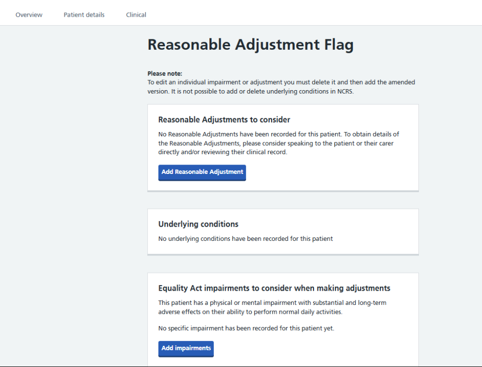 Reasonable adjustment flag - 6 sections
