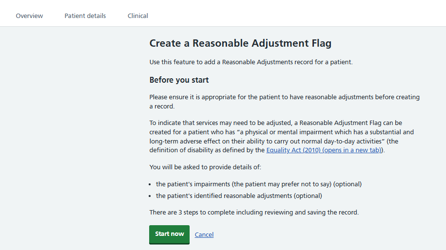 Patient record in NCRS - create a reasonable adjustment flag