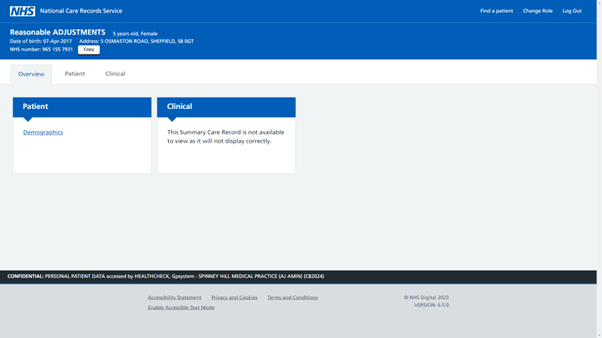 Patient record in NCRS - overview tab