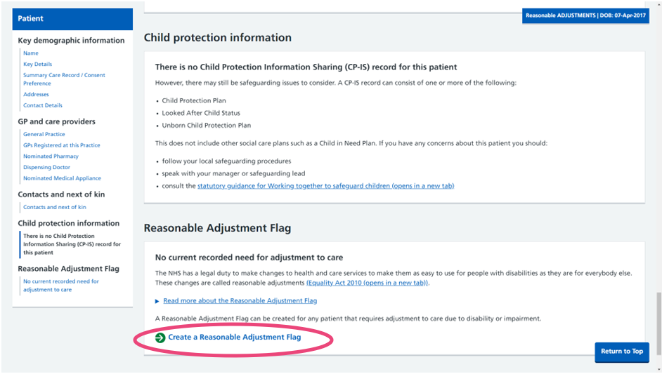 Patient record in NCRS - patient tab