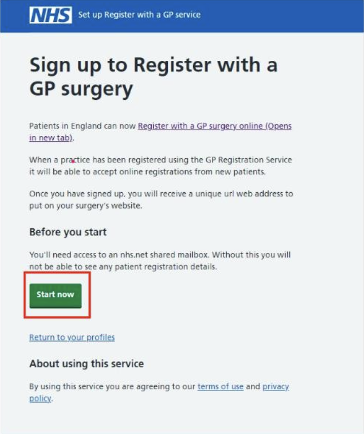 A screenshot of the sign up page for practices who want to enrol in the Register with a GP surgery service.