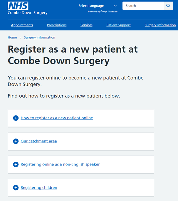 Combe Down registration page