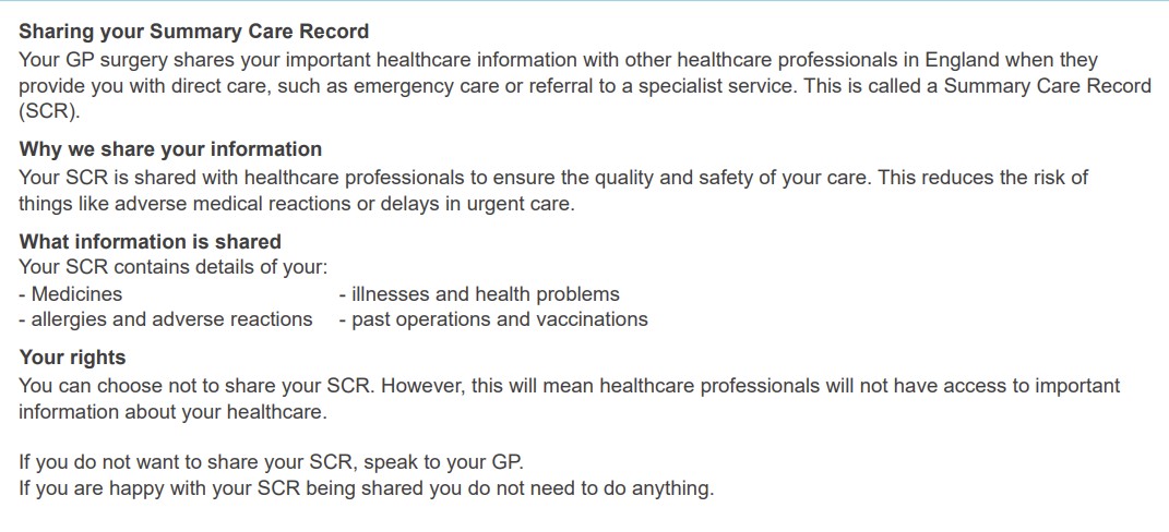 A screenshot of the new information about Summary Care Records in the paper registration form. The content explains what a Summary Care Record is, why that information is shared with NHS England, and what patients can do if they want to opt out of sharing.
