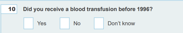 A screenshot of the new Infected Blood Inquiry (IBI) screen in the paper registration form. The question asks 'Did you receive a blood transfusion before 1996?'.
