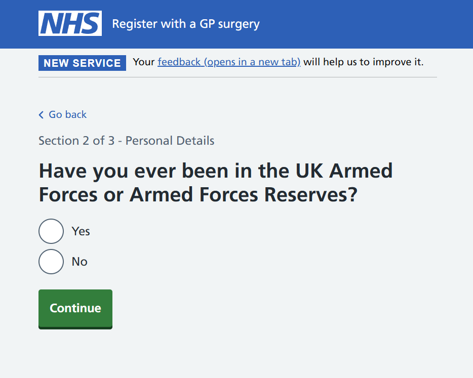 A screenshot of the question asking patients if they have ever been in the UK Armed Forces or the Armed Forces Reserves.