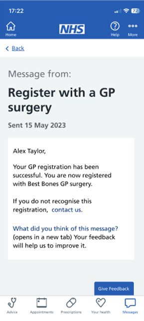 An example of a registration acceptance notification in the NHS App.