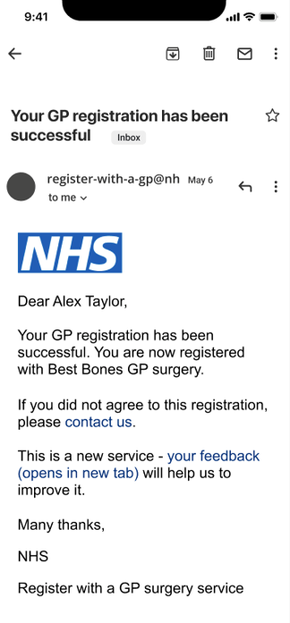 An example of a registration acceptance notification sent by email.