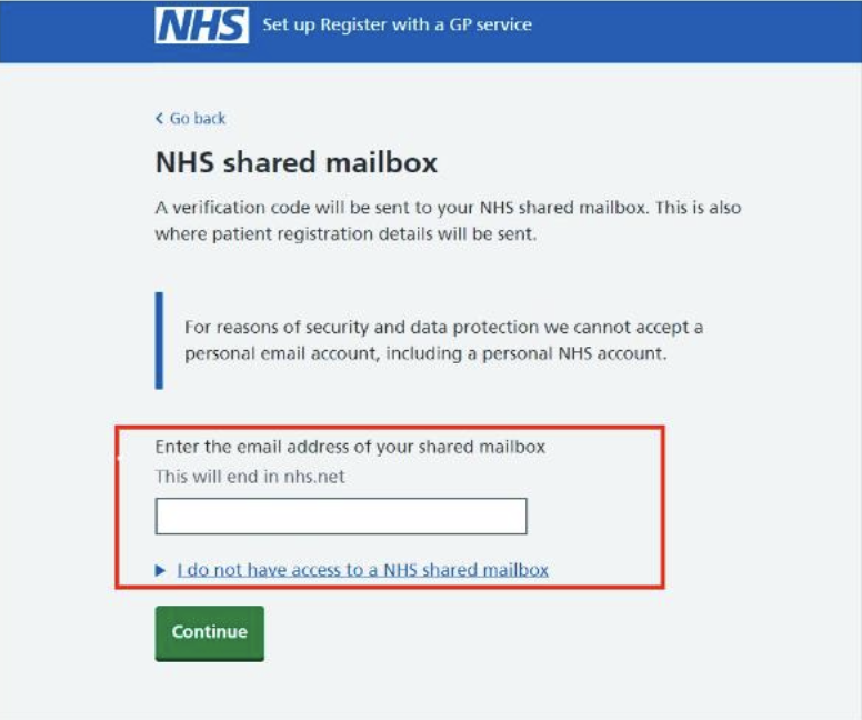 A screenshot of a page. It asks the user to set up a shared mailbox for the service.