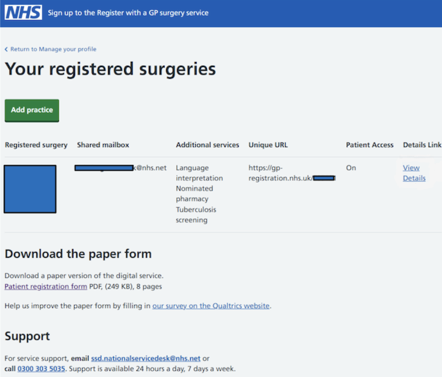 A screenshot of the surgery settings page in NHS Profile Manager.
