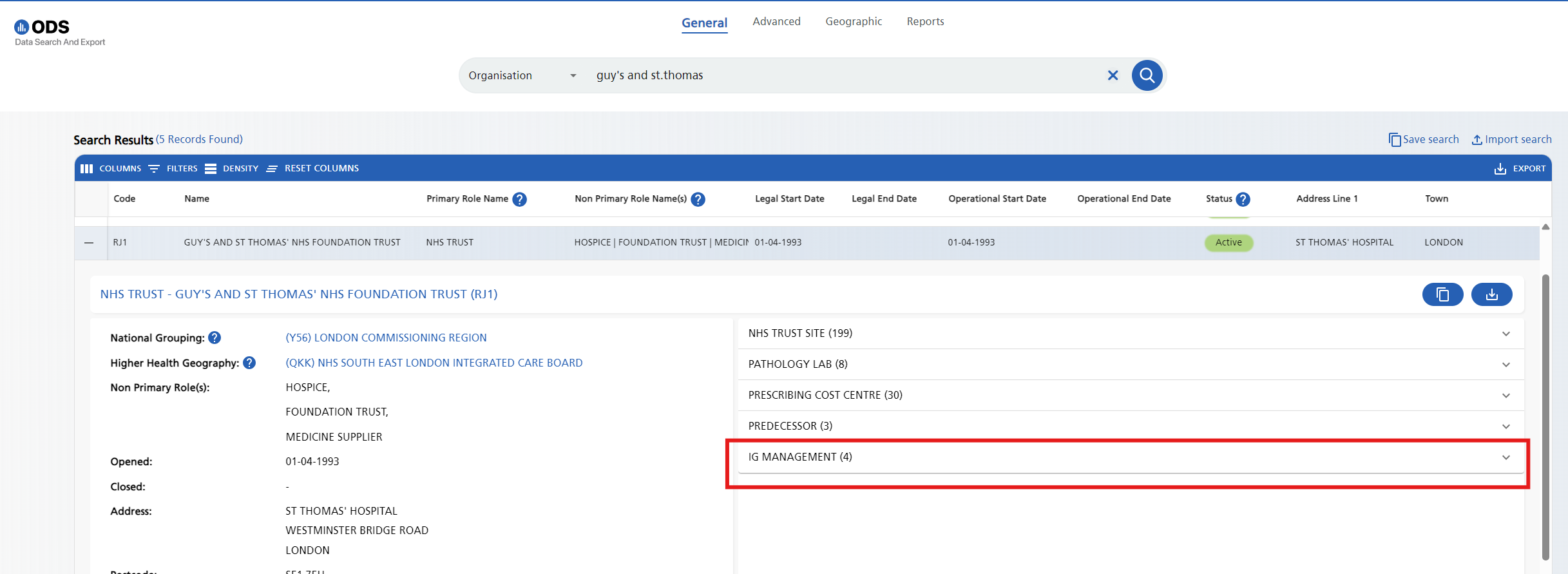 Screenshot of ODS portal showing where to find IG management tab.