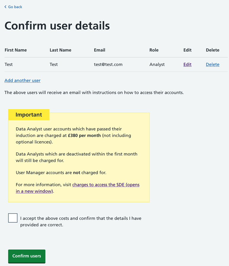SDE confirm user details screen
