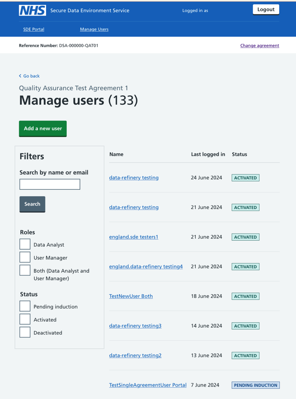 SDE manage users screen