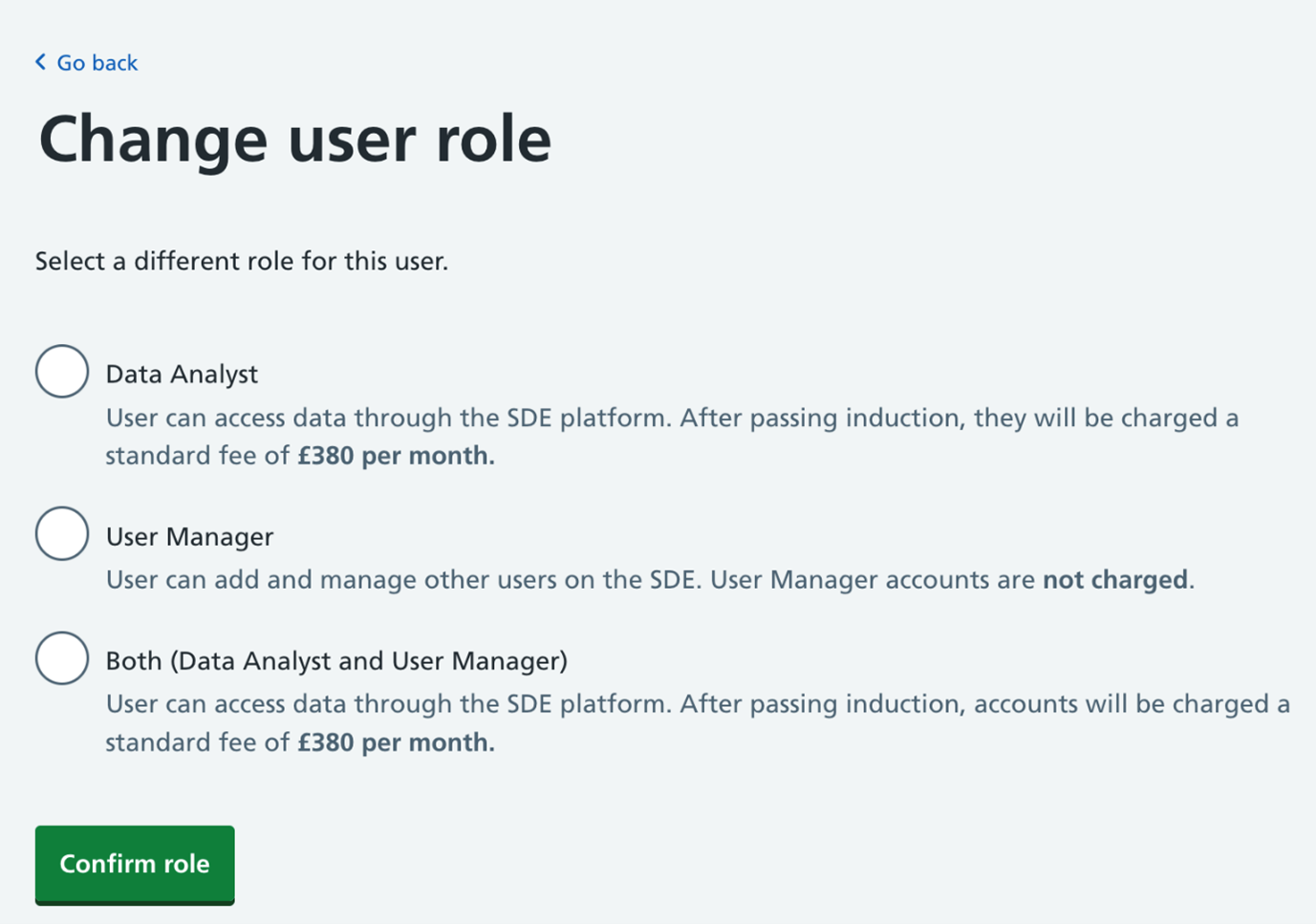 SDE change user role screen