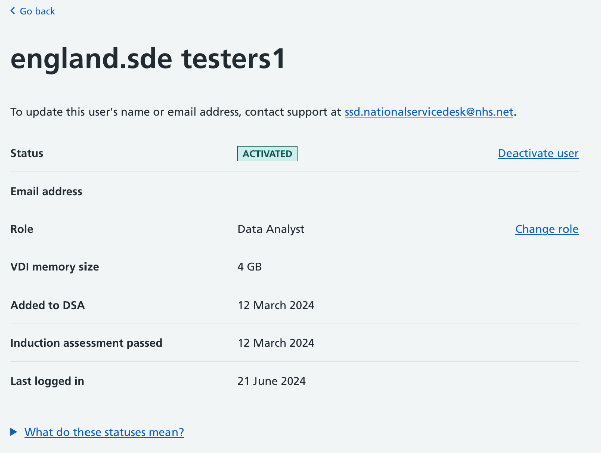 SDE role status screen with first user marked as activated
