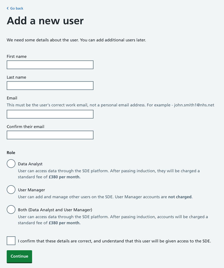 SDE Add a new user screen