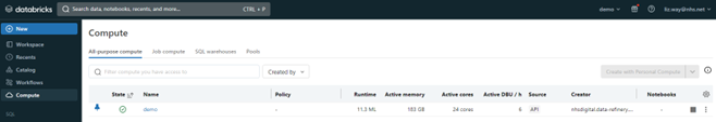 Databricks compute state button displaying green tick
