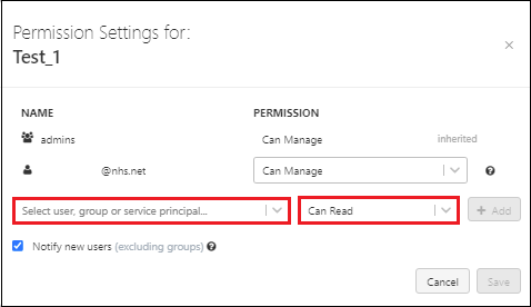 share notebook permission settings for select user group or service