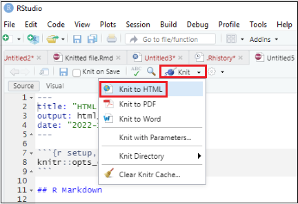Select Knit and then Knit to HTML
