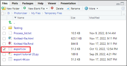Export results screen