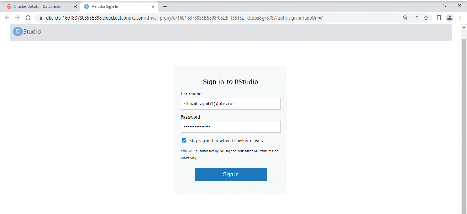 RStudio Server login screen
