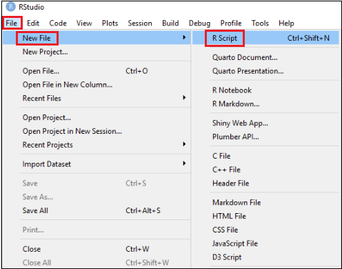 R Studio New file R Script tab screen