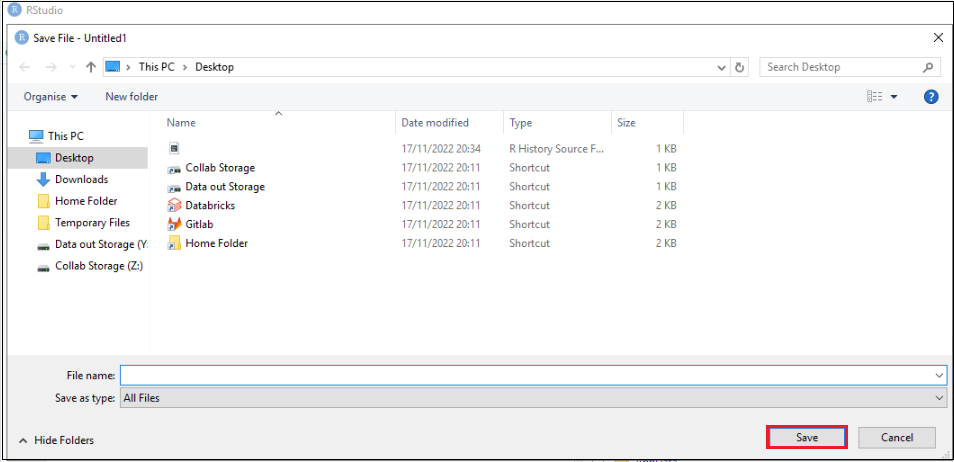 RStudio save data desktop screen