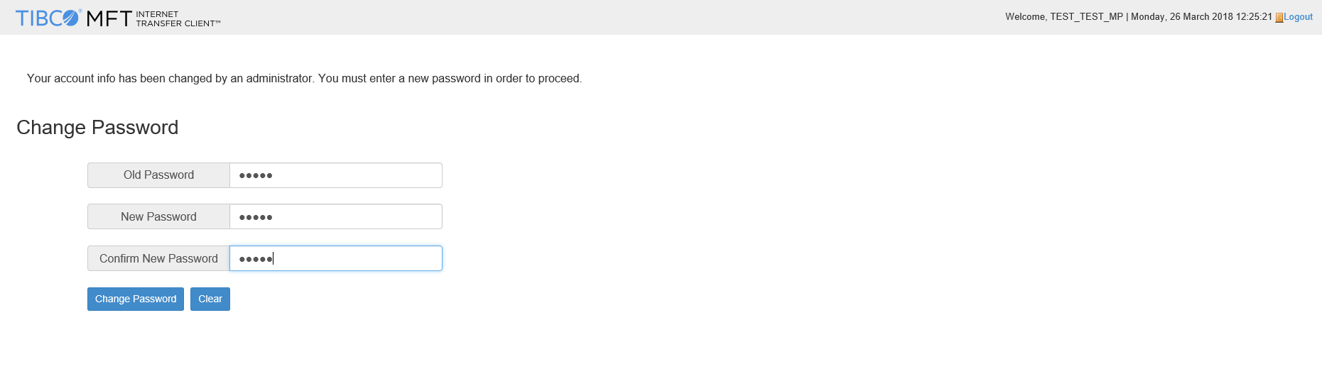 SEFT system password change screen