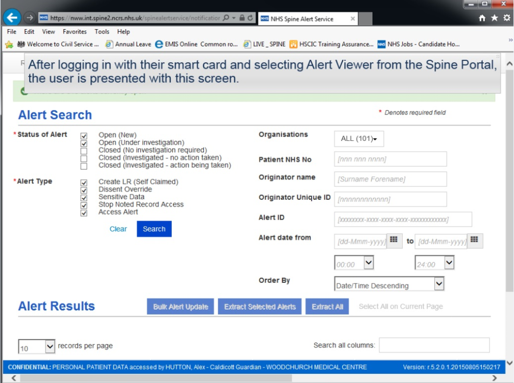 First screen displayed after logging into SCR Alert Viewer