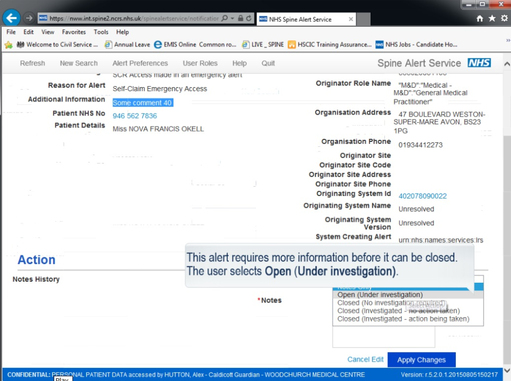 Alert details page with 'open investigation' open in drop-down menu