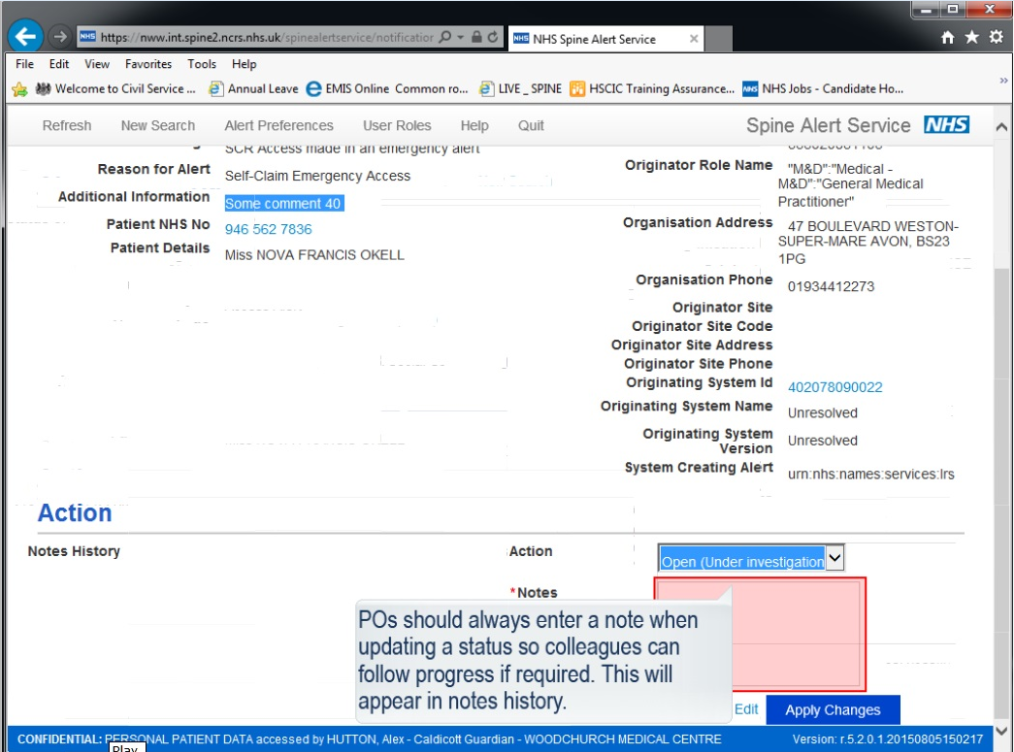 Alert details page with notes section open