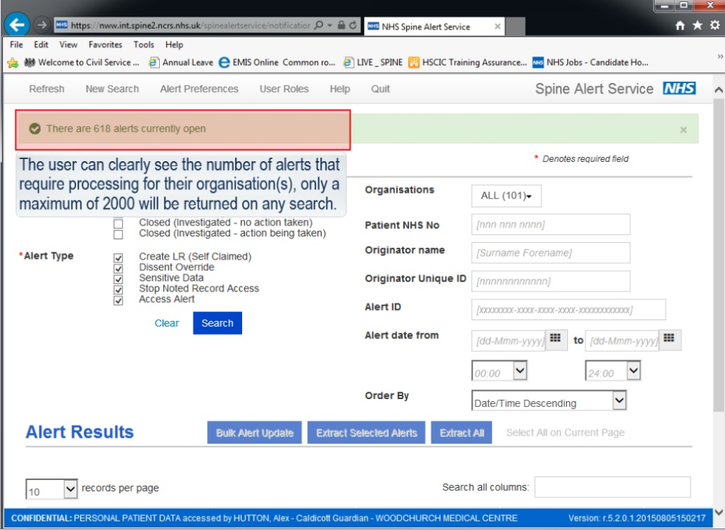 Screen showing number of alerts