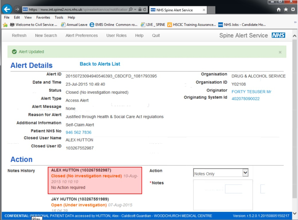 Alert details page with closed alert shown on screen