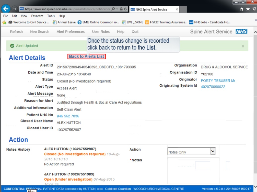 Alert details page with 'Back to alerts' link highlighted