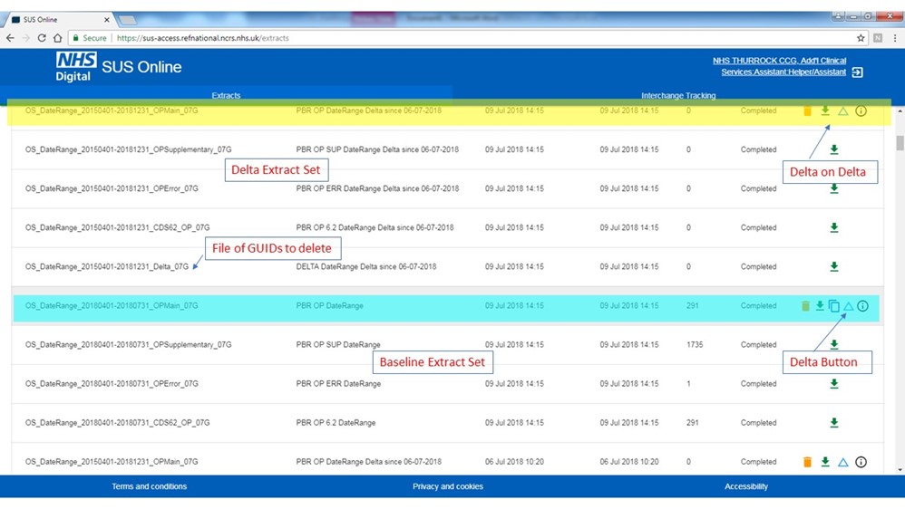 SUS online screen with delta extra set and file of GUIDs to delete highlighted within the image.