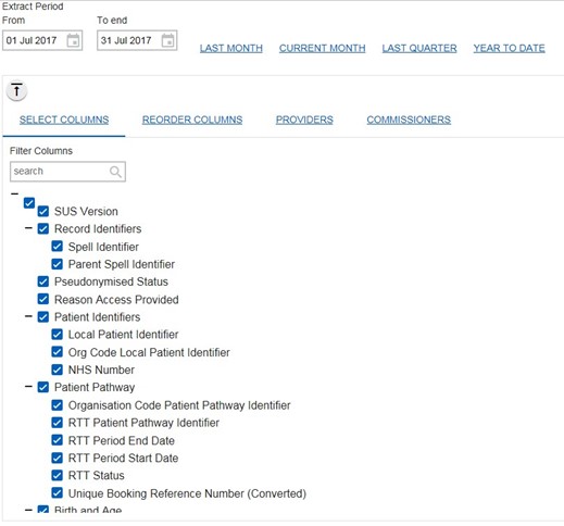 SUS online select columns screen.