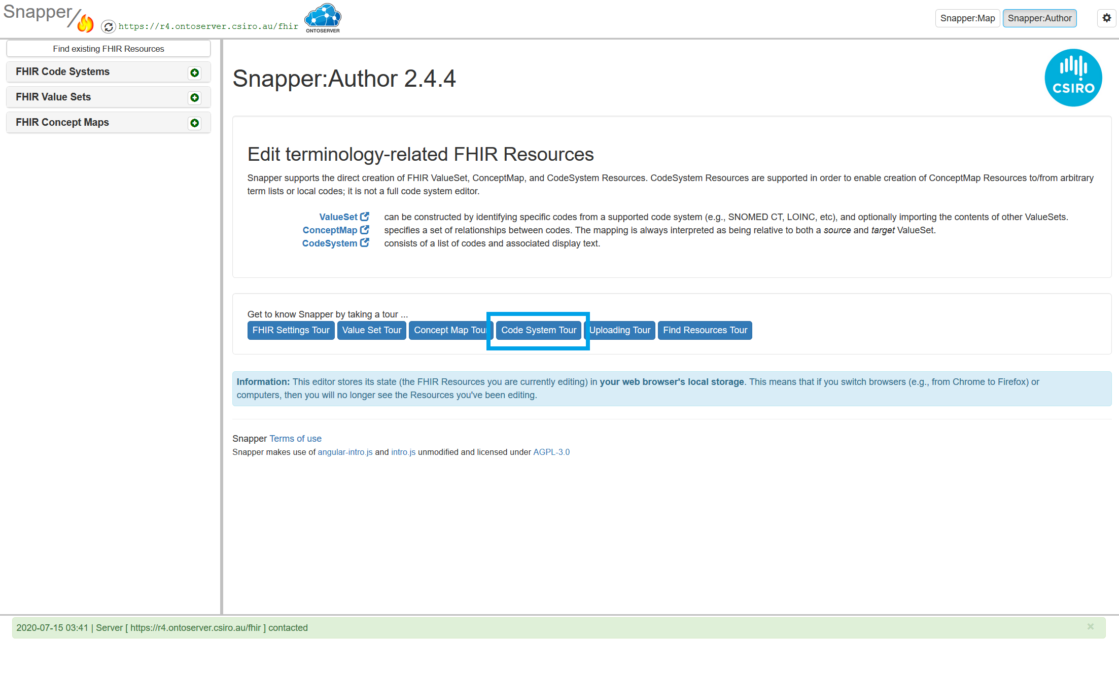 screen shot of Snapper Author with code system tour highlighted.