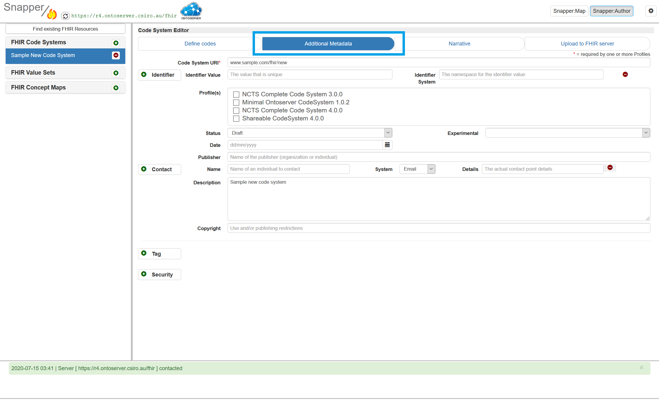 Snapper author screen with additional metadata highlighted