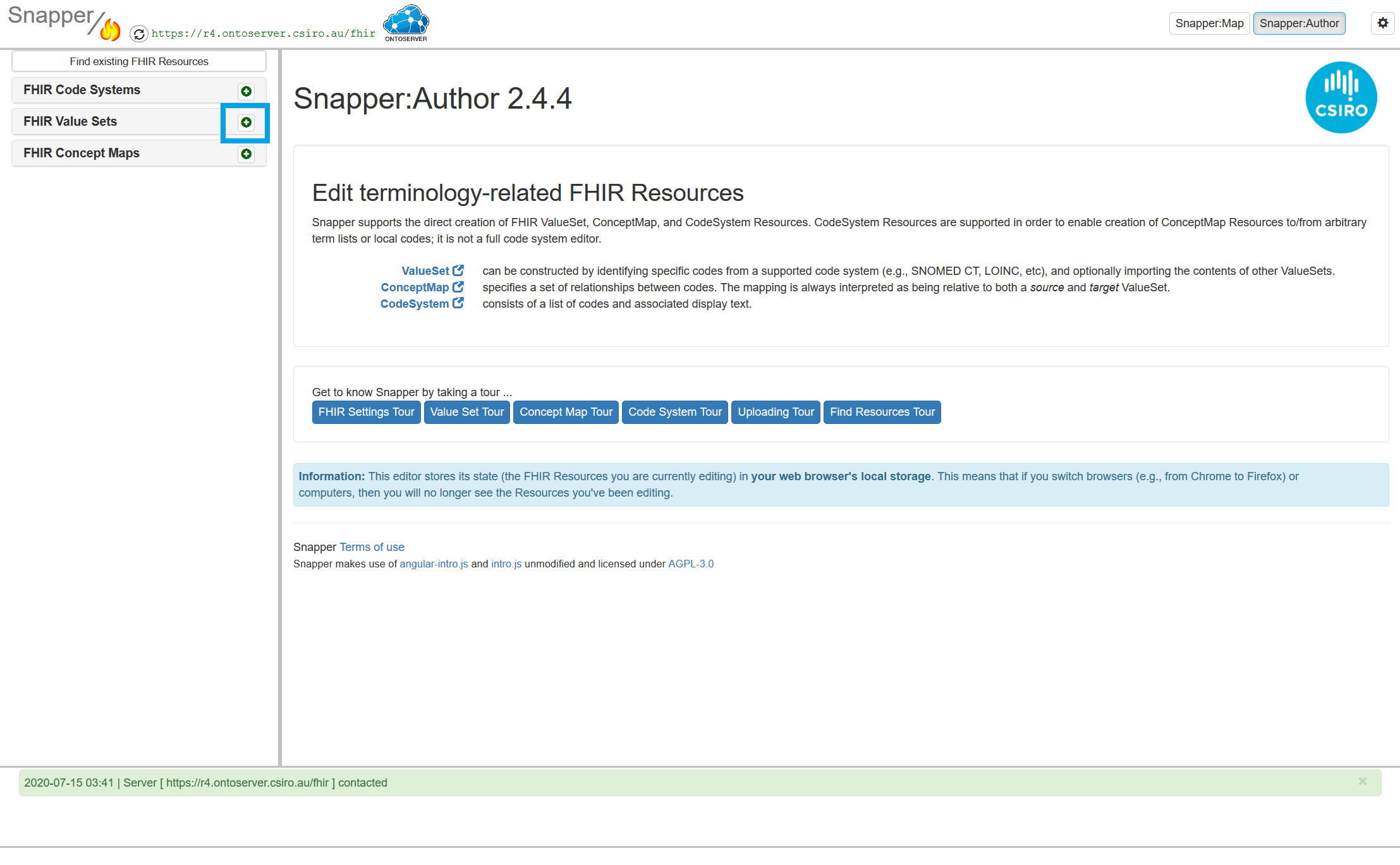 Snapper author screen with value set tour highlighted