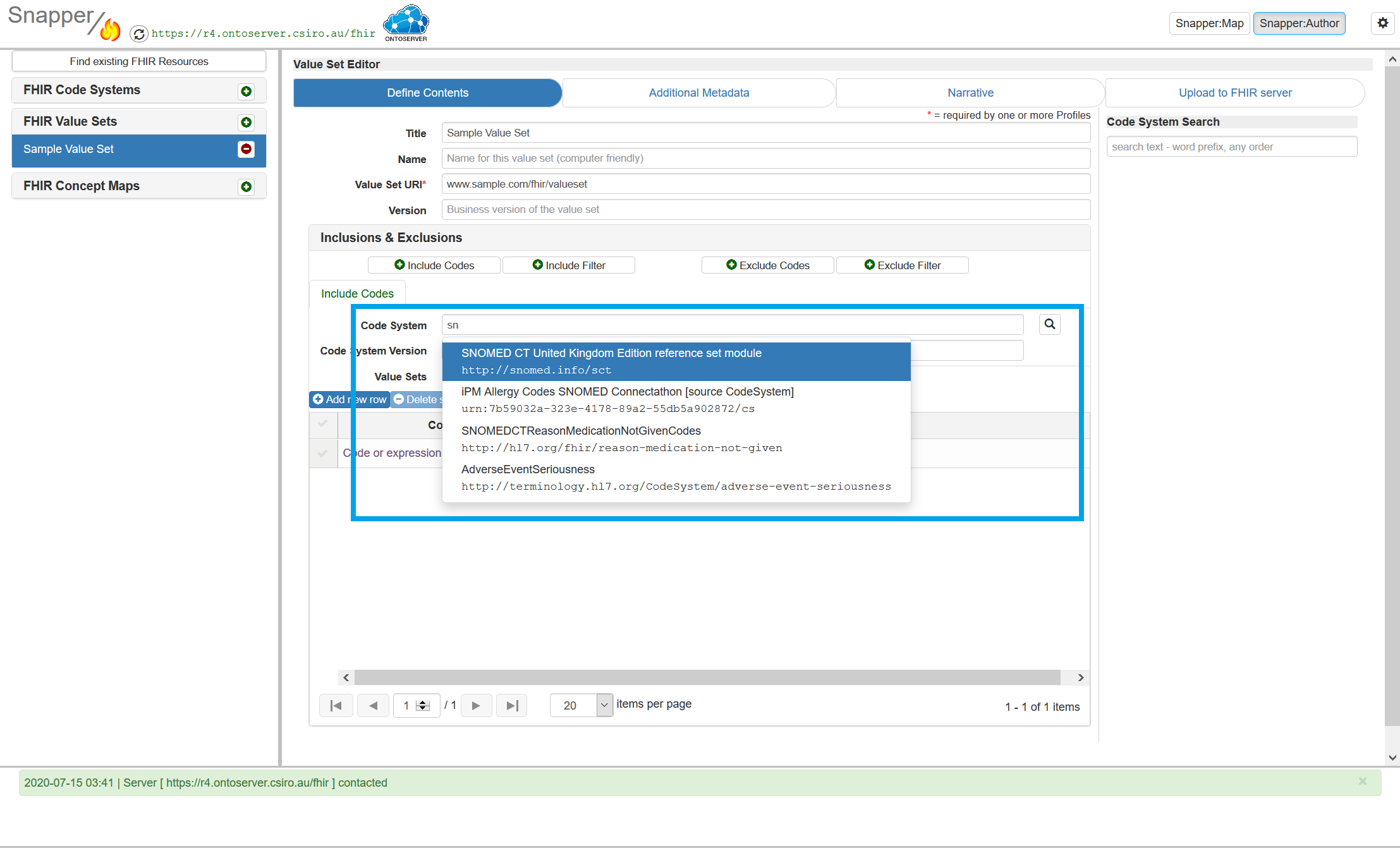 Snapper value set with code display screen highlighted.