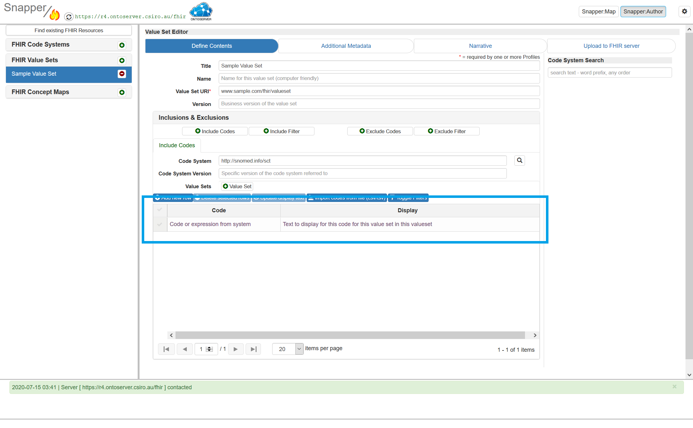 snapper screen displaying sample value set and code system search highlighted