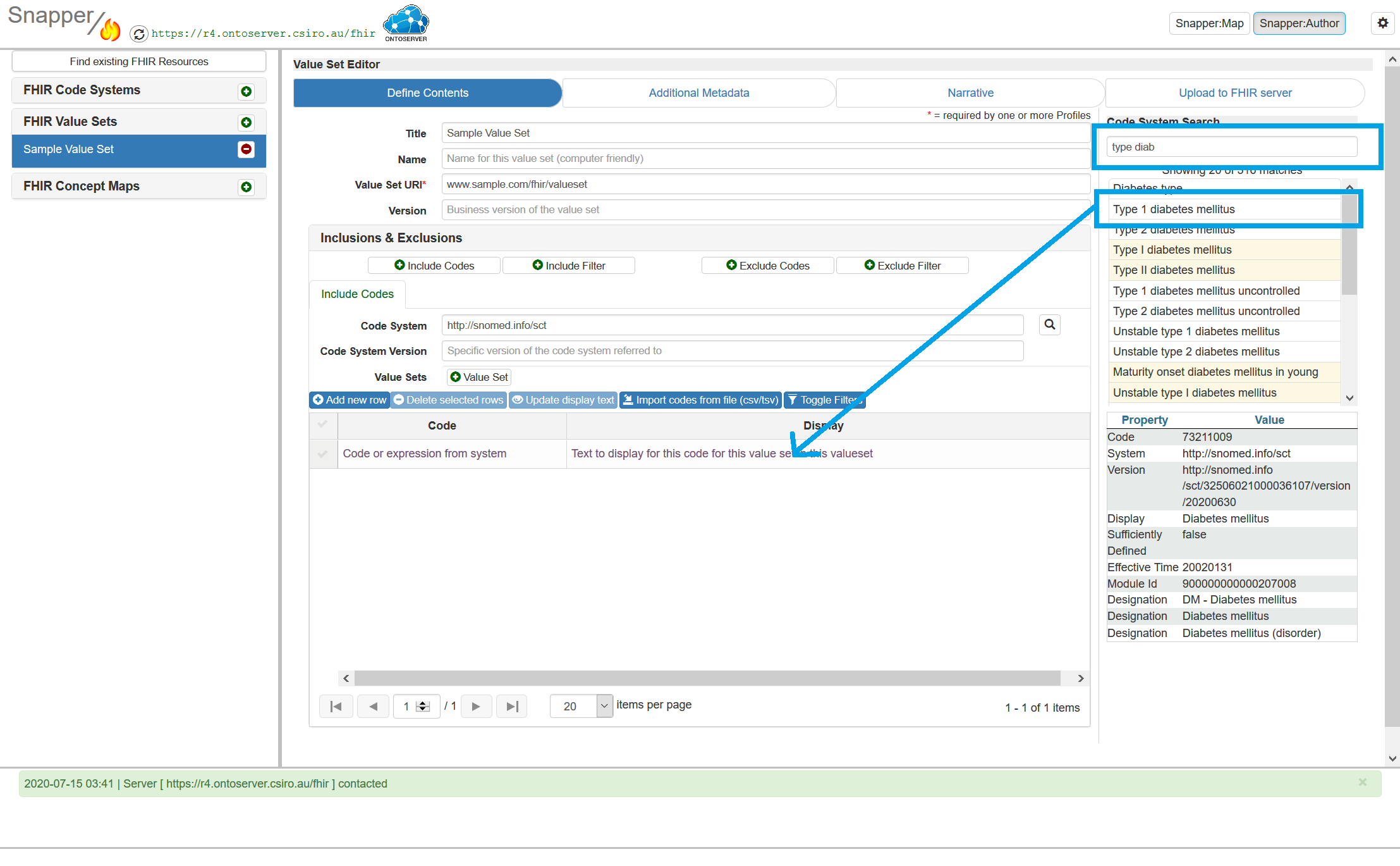 Sample value set screen with import codes from file highlighted