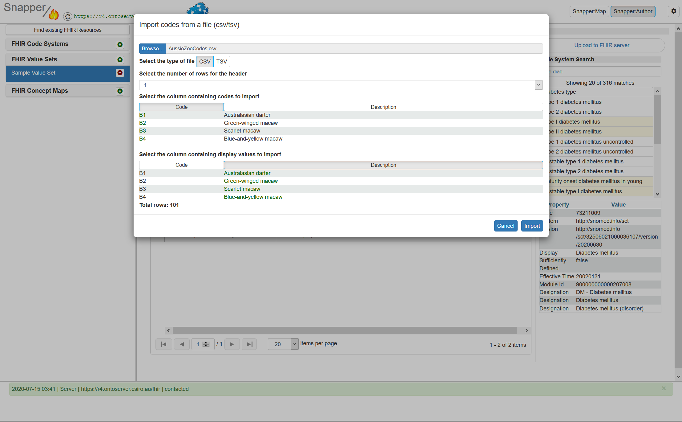 Import codes from file screen with select the type of file CSV or TSV displayed