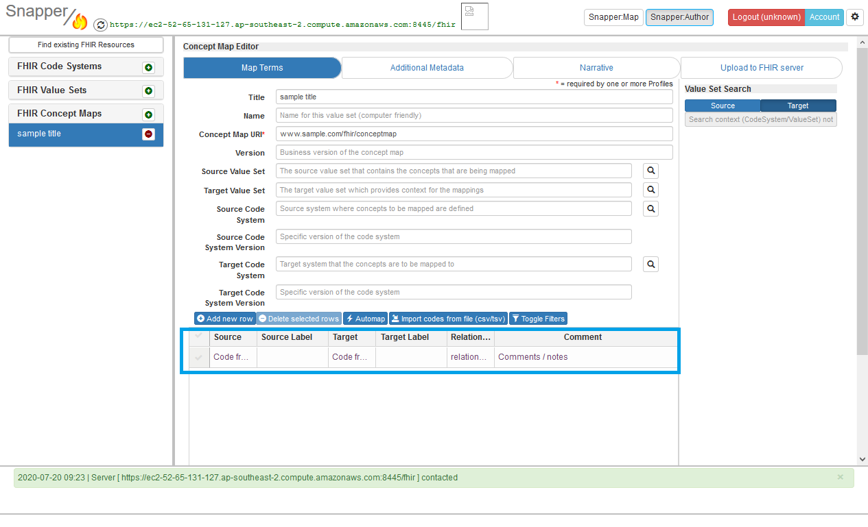 Manual entering the map and source and target codes one by one.