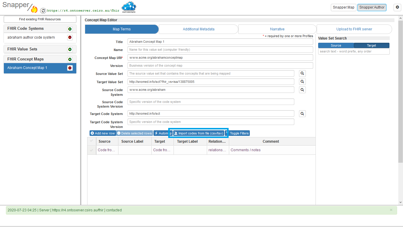 Concept map editor screen with import wizard highlighted