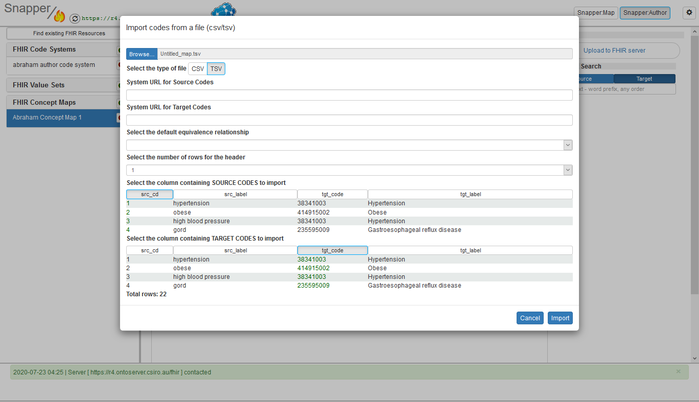 Import codes form a file csv/tsv screen