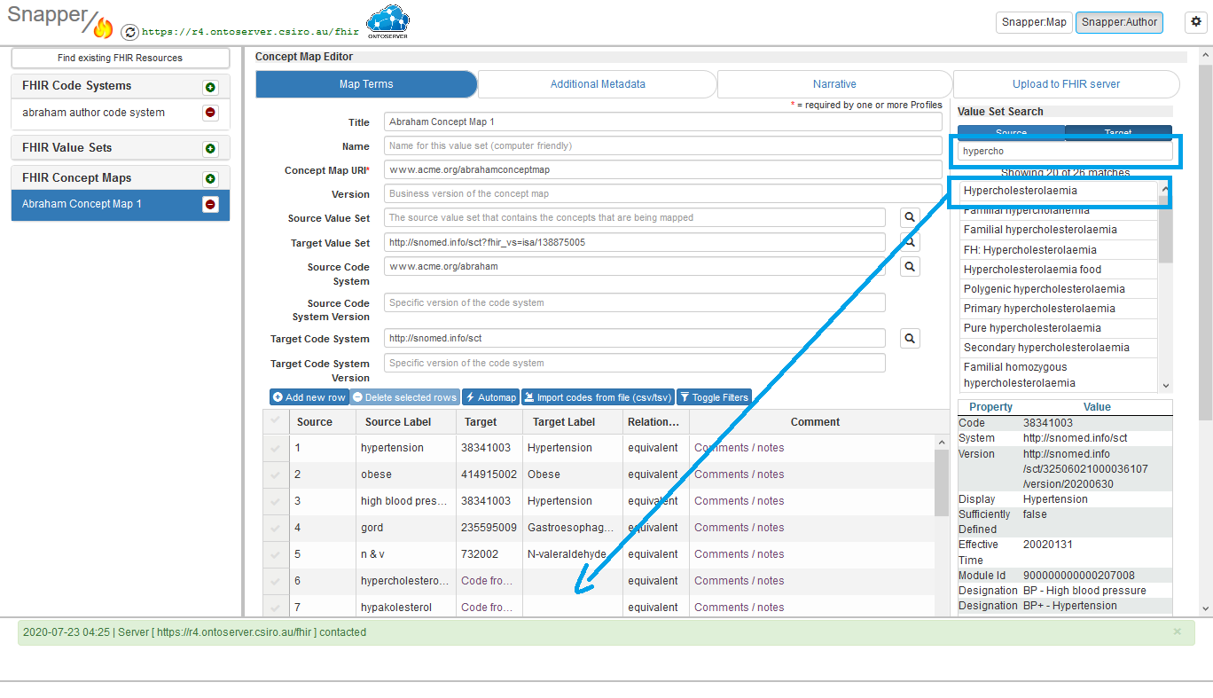 Concept map editor screen with map terms highlighted