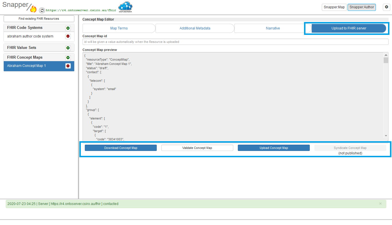 FIHR concept map screen with upload to FIHR server tab highlighted.