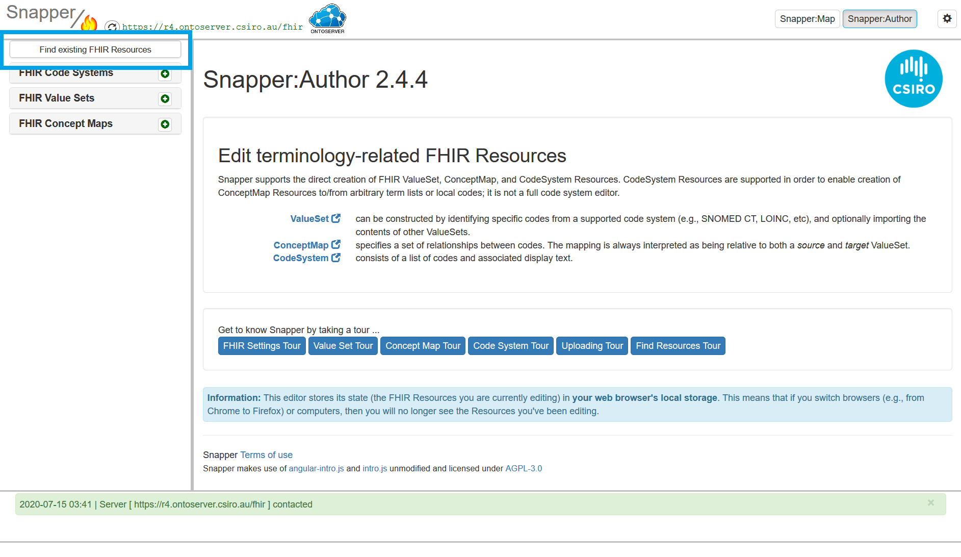 Snapper home screen with find exising FIHR resources highlighted
