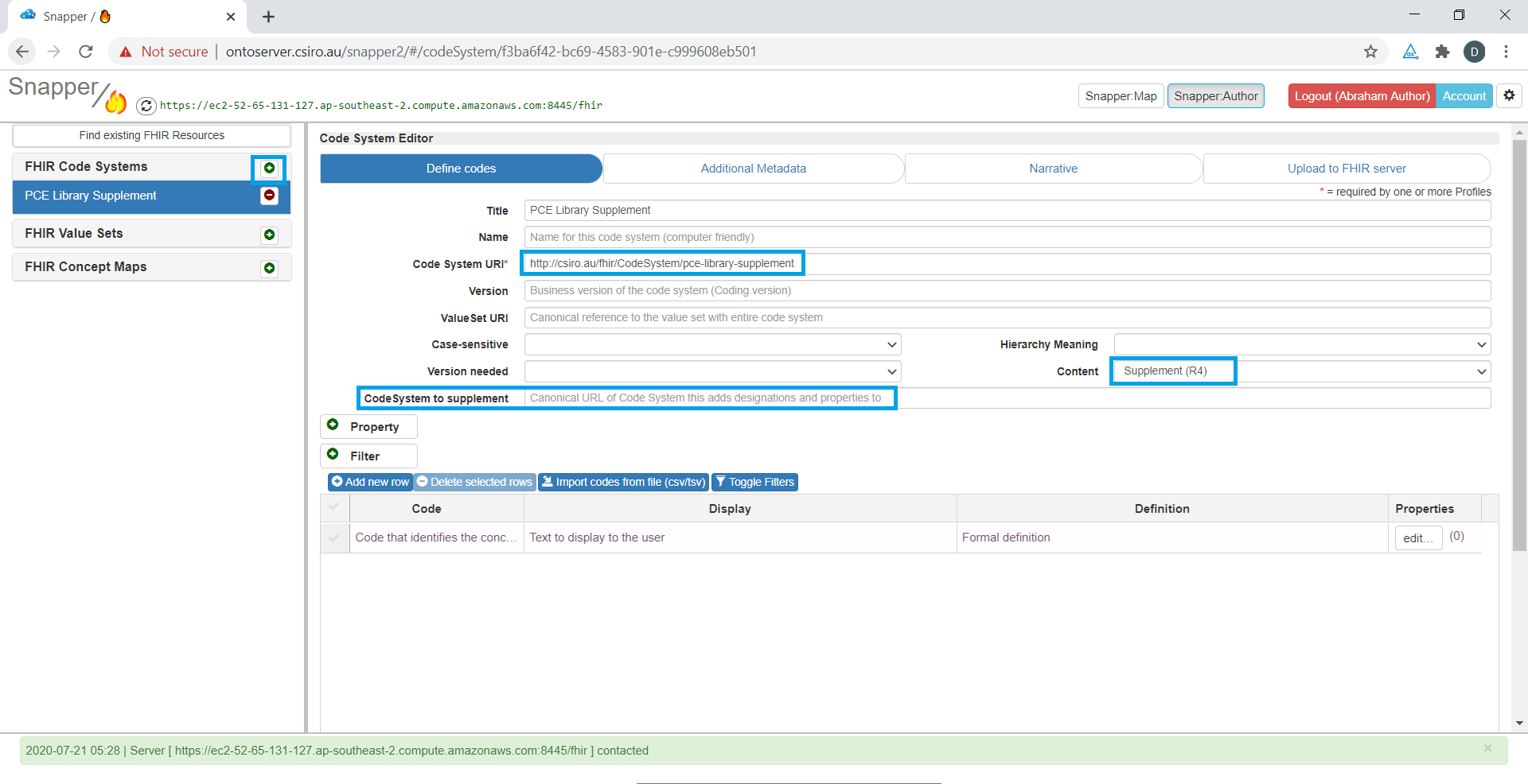 Snapper author tool displaying value set editor screen with value set PCE library highlighted